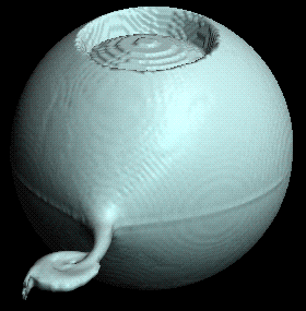 3D počítačový model konzervativního toku látky mezi hvězdami
