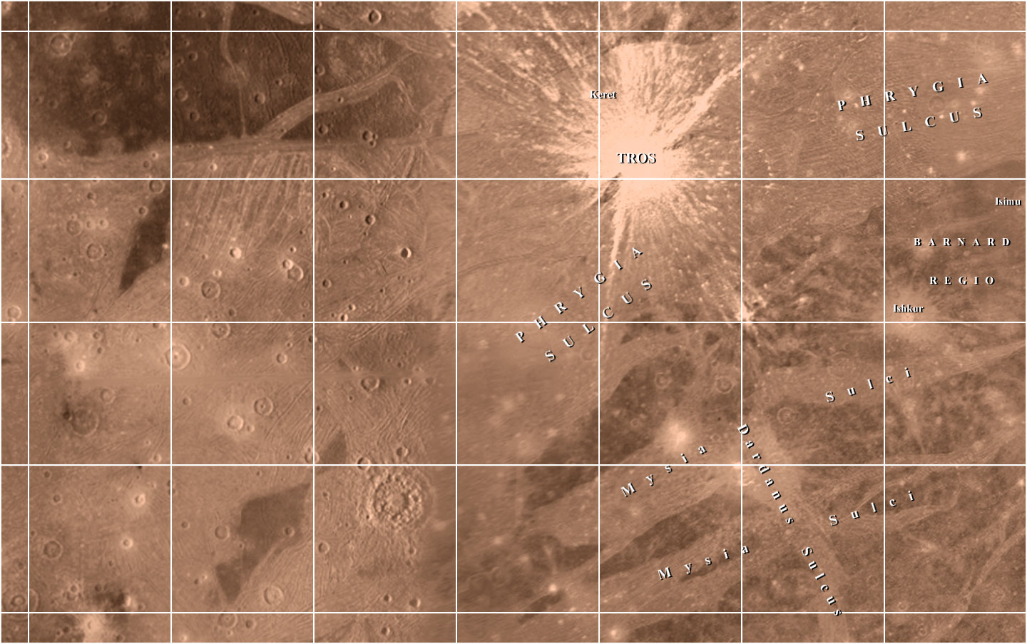 Mapa Ganymeda - Čtyřúhelník Dardanus Sulcus